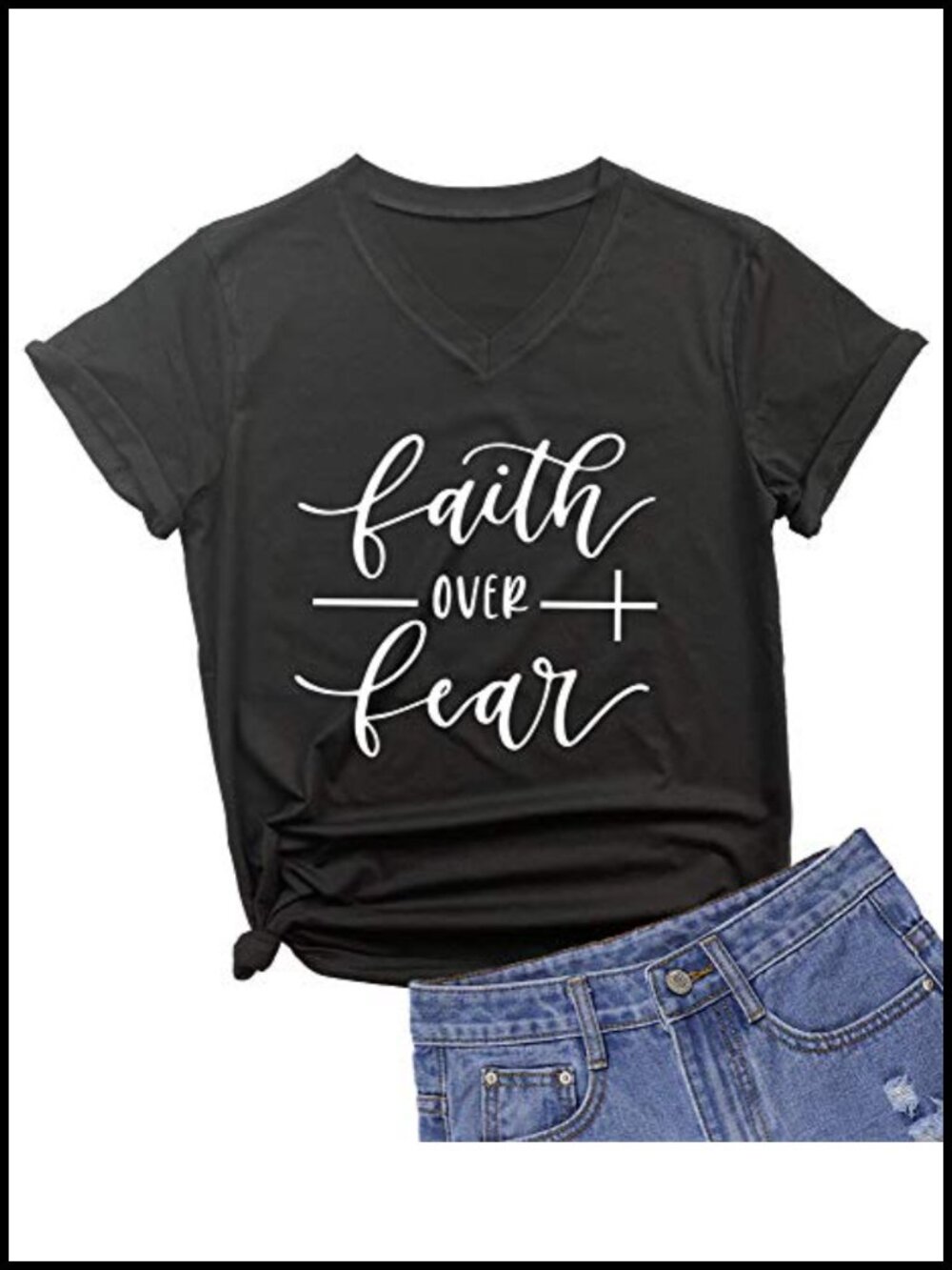 Womens V Neck Faith Over Fear Graphic Tee Short Sleeve Casual Summer T-Shirt